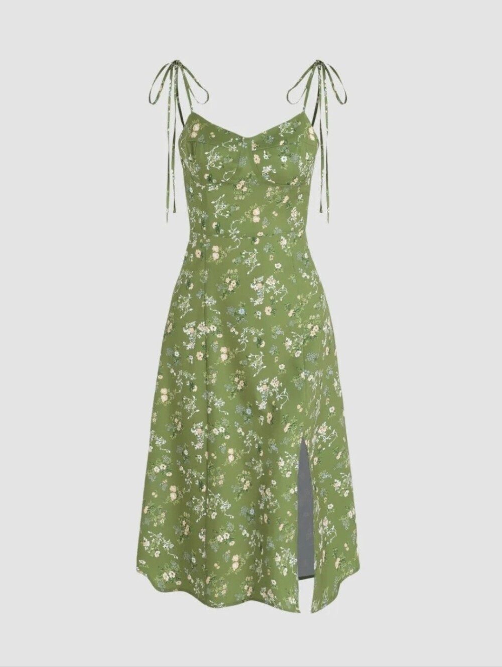 Cider Ditsy Floral Tie Shoulder Slit Midi Dress